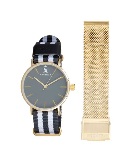 Montre Mixte en Nylon gris/blanc + bracelet en Acier doré