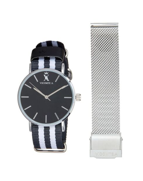 Montre Mixte en Nylon gris/gris clair + bracelet en Acier argenté