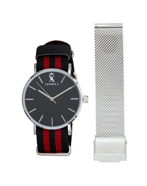 Montre Mixte en Nylon noir/bordeaux + bracelet en Acier argenté