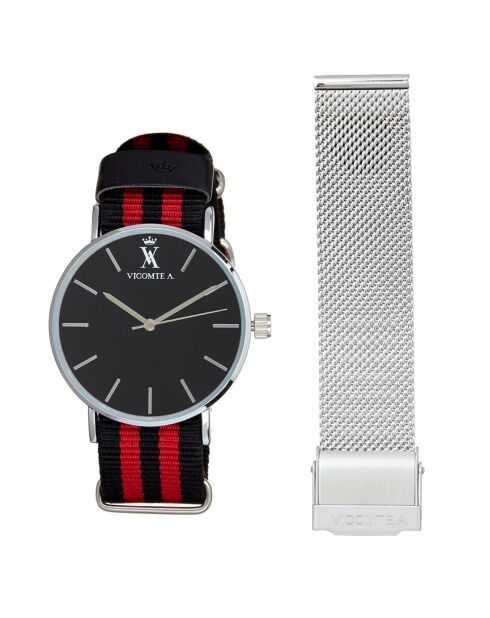 Montre Mixte en Nylon noir/rouge + bracelet en Acier argenté