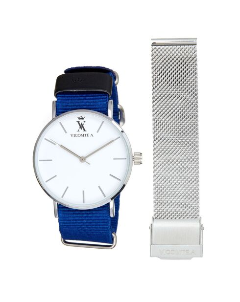 Montre Mixte en Nylon bleue + bracelet en Acier argenté