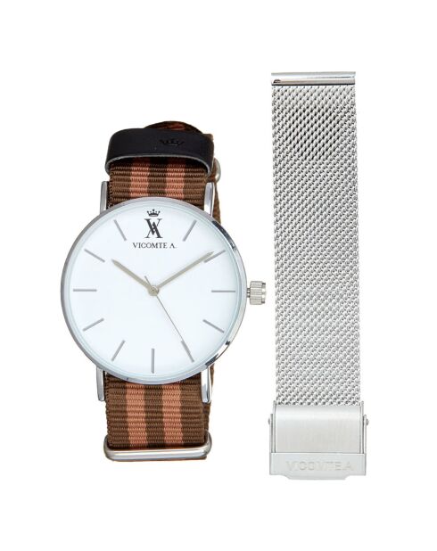Montre Mixte en Nylon brun/camel + bracelet en Acier argenté
