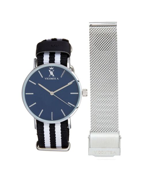 Montre Mixte en Nylon noir/blanc + bracelet en Acier argenté