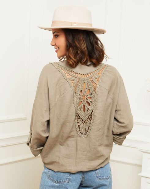 Chemise 100% Lin Barcelona à dentelle marron  taupe