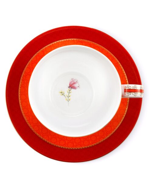 6 Tasses à thé avec soucoupes en Porcelaine Blushing Birds rouges - 28 cl
