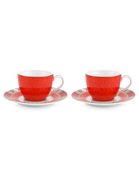 2 Tasses à café avec soucoupes en Porcelaine Blushing Birds rouges - 12 cl