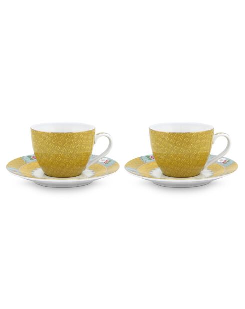 2 gele porseleinen koffiekopjes met schoteltjes van Blushing Birds - 12 cl