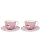 2 Early Bird roze porseleinen theekopjes met schoteltjes - 28 cl
