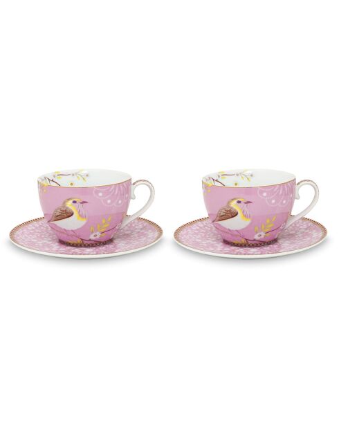 2 Early Bird roze porseleinen theekopjes met schoteltjes - 28 cl