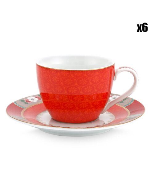 6 Tasses à café avec soucoupes en Porcelaine Blushing Birds rouges - 12 cl