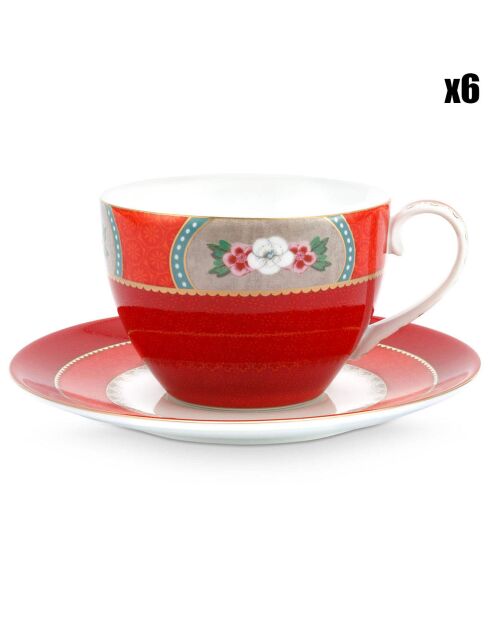 6 Tasses à thé avec soucoupes en Porcelaine Blushing Birds rouges - 28 cl