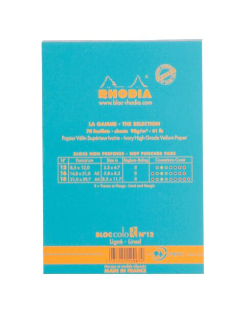 Bloc agrafé n°12 70 feuillets lignés turquoise - 8.5x12 cm