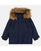 Parka mi-longue à capuche fourrée bleu marine