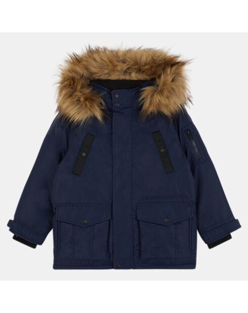 Parka mi-longue à capuche fourrée bleu marine