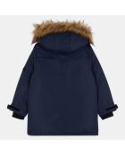 Parka mi-longue à capuche fourrée bleu marine