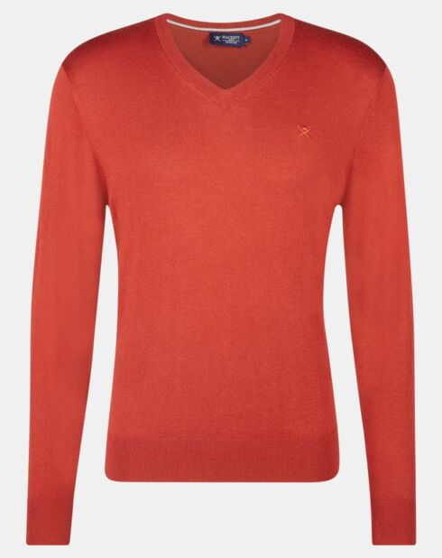 Pull en Laine mélangée col V coudières orange/rouge