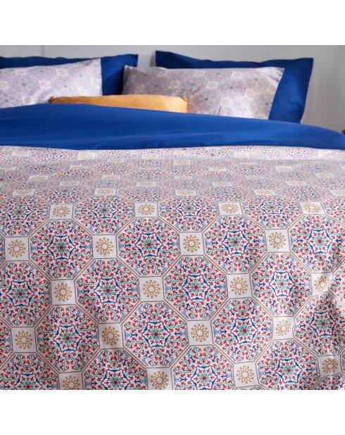 Parure housse de couette percale de coton Aziz bleue