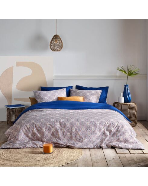 Parure housse de couette percale de coton Aziz bleue
