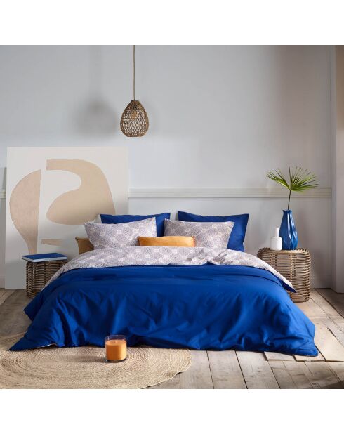 Parure housse de couette percale de coton Aziz bleue