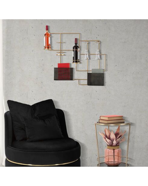 Range-bouteille mural Fashion 3 bouteilles doré/noir - 65.5x77x11.5 cm