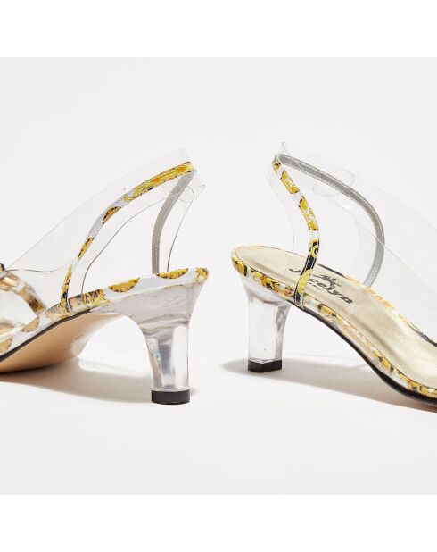 Nochu Slingbacks aus Leder und Plexi-Absatz in Schwarz/Gold — 5 cm Absatz