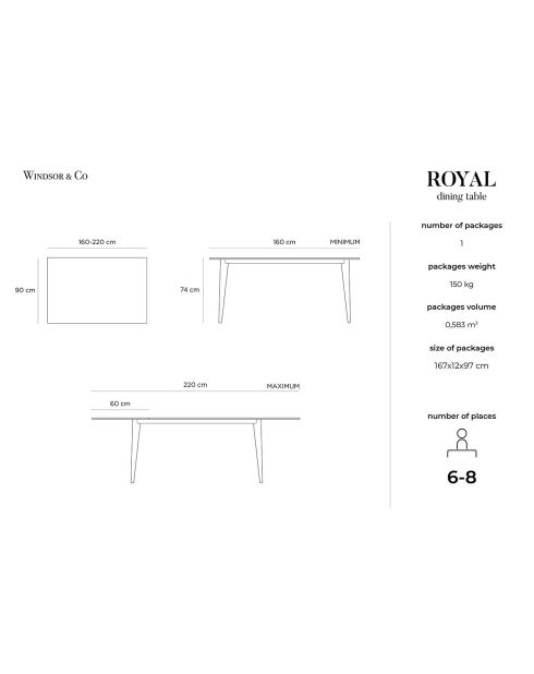 Table extensible Royal chêne noire - 160x90x74 cm