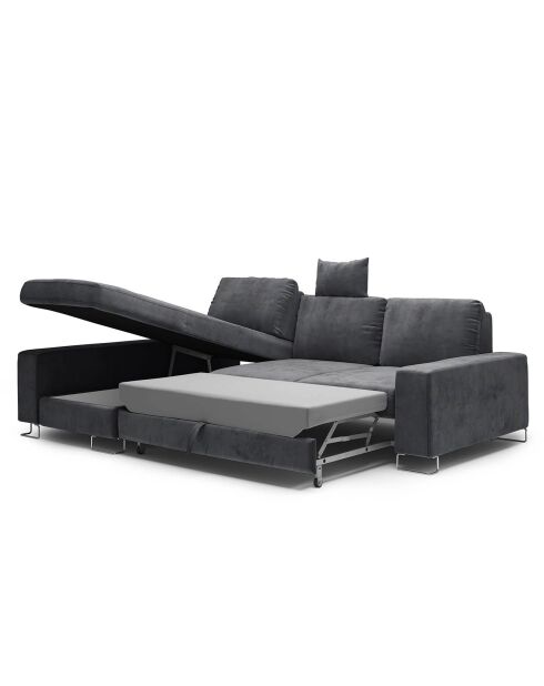 Canapé d'angle gauche velours convertible avec coffre Diane 4 places gris foncé - 260x188x87 cm