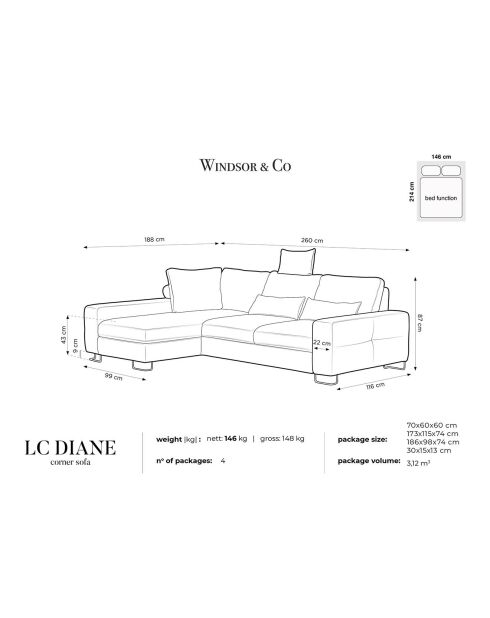Canapé d'angle gauche velours convertible avec coffre Diane 4 places gris foncé - 260x188x87 cm