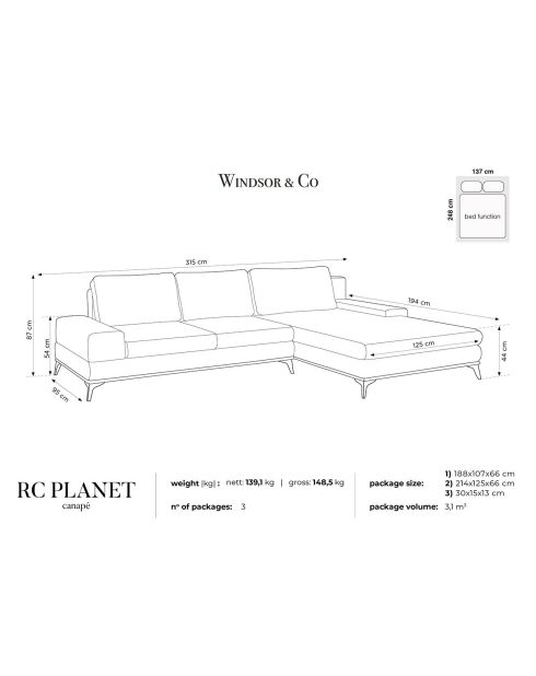 Canapé d'angle droit convertible avec coffre de rangement Astre 5 places gris - 315x212x87 cm