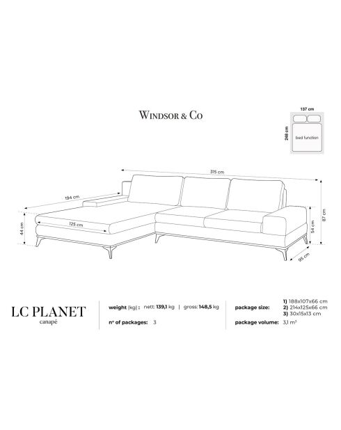 Canapé d'angle gauche convertible avec coffre de rangement Astre 5 places gris - 315x212x87 cm