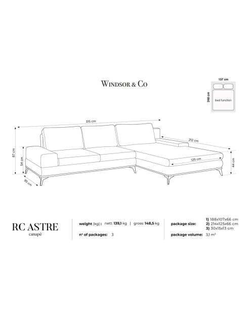 Canapé d'angle droit velours convertible avec coffre de rangement astre 5 places gris - 315x212x87 cm