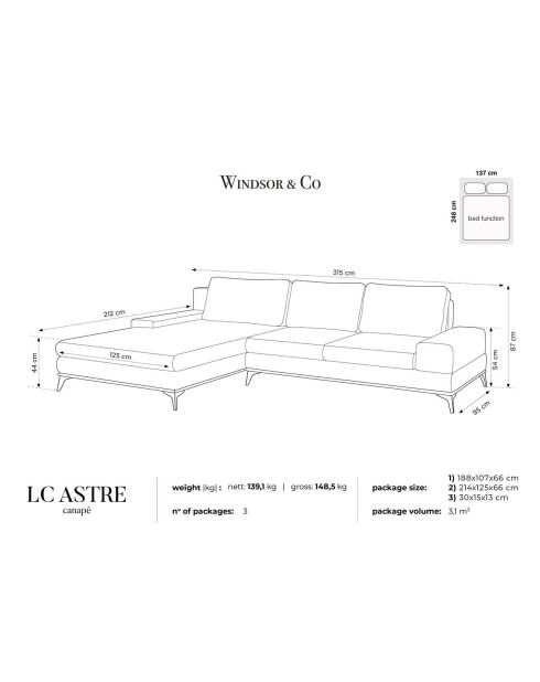 Canapé d'angle gauche velours convertible avec coffre de rangement astre 5 places gris - 315x212x87 cm