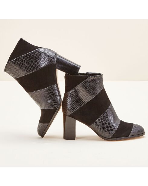Bottines en Cuir bi-matière Cleos noires - Talon 7 cm