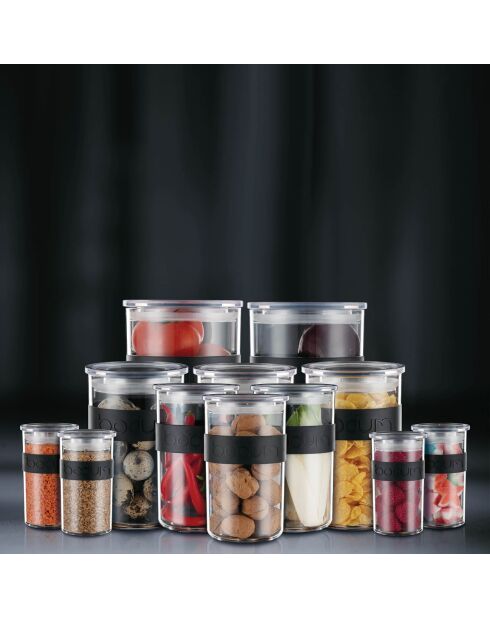 12 tarros de plástico negro con tapas herméticas