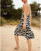 Robe en Soie mélangée à fines bretelles imprimé fleurs noir/blanc