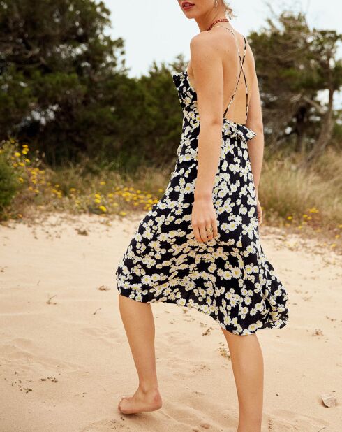 Robe en Soie mélangée à fines bretelles imprimé fleurs noir/blanc