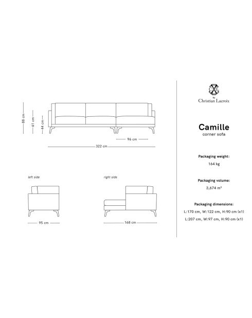 Canapé d'angle droit en cuir camille 5 places marron - 322x168x88cm