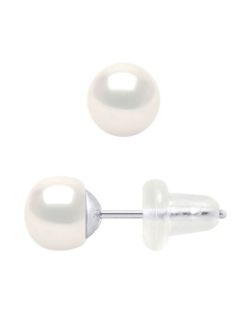 Boucles d'oreilles en Or Blanc & Perles d'Eau Douce boutons blanc naturel