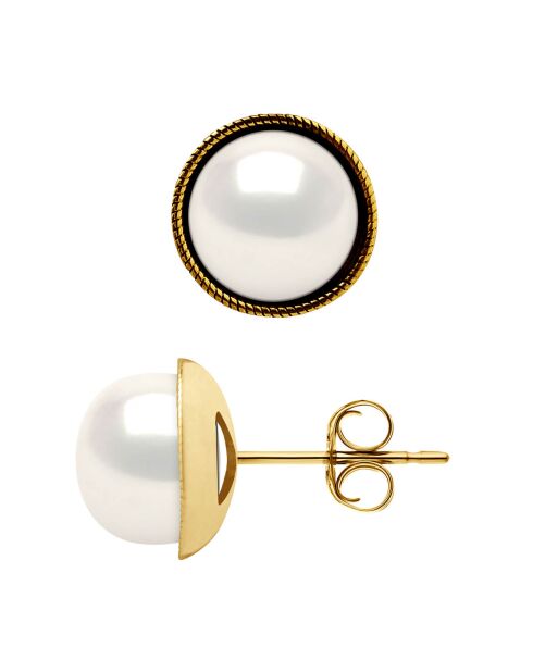 Prestige Ohrringe aus Gelbgold und Süßwasserperlen mit natürlichen weißen Knöpfen