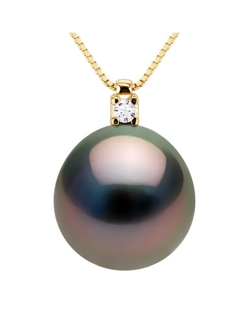 Collier Prestige en Or Jaune, Diamant 0.02 ct & Perle de Tahiti ronde