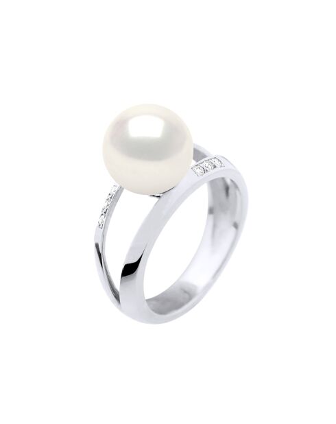 Offener Armreif aus Weißgold, 0,06 ct Diamanten und natürlicher weißer Süßwasserperle