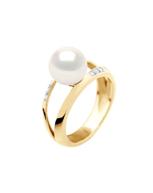 Offener Armreif aus Gelbgold, 0,06 ct Diamanten und natürlicher weißer Süßwasserperle