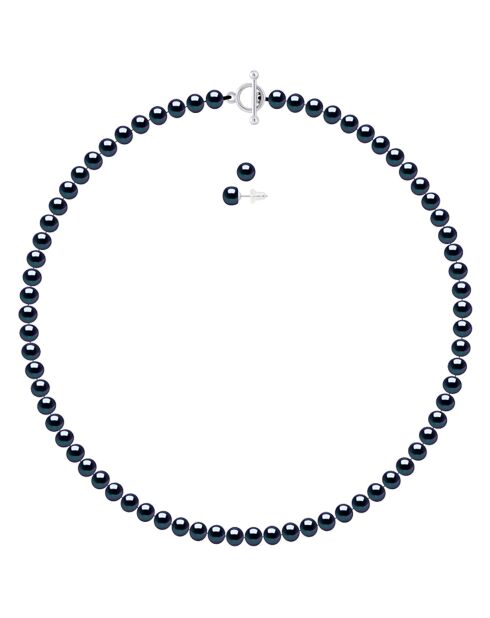 Parure Collier Rang & Boucles d'Oreilles en Argent & Perles d'Eau Douce semi-rondes et boutons black tahiti