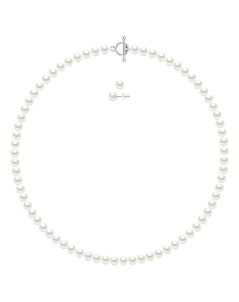 Parure Collier Rang & Boucles d'Oreilles en Argent & Perles d'Eau Douce semi-rondes et boutons blanc naturel