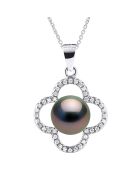Halsketting met zilveren klaver, zirkonia en Tahitiaanse parels