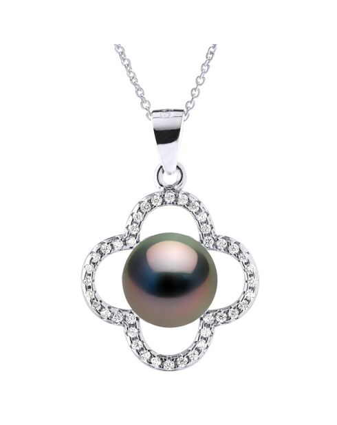 Halsketting met zilveren klaver, zirkonia en Tahitiaanse parels