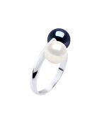 Bague Jonc ajustable Toi & Moi en Argent & Perles d'Eau Douce rondes black tahiti/blanc naturel