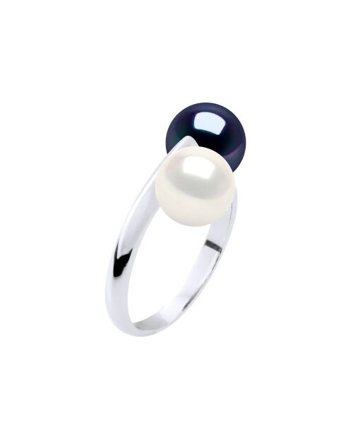 Bague Jonc ajustable Toi & Moi en Argent & Perles d'Eau Douce rondes black tahiti/blanc naturel