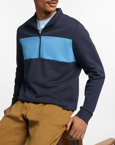 Sweat col zippé Bande bleu marine/bleu clair