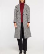 Manteau caban long imprimé pied-de-poule gris foncé